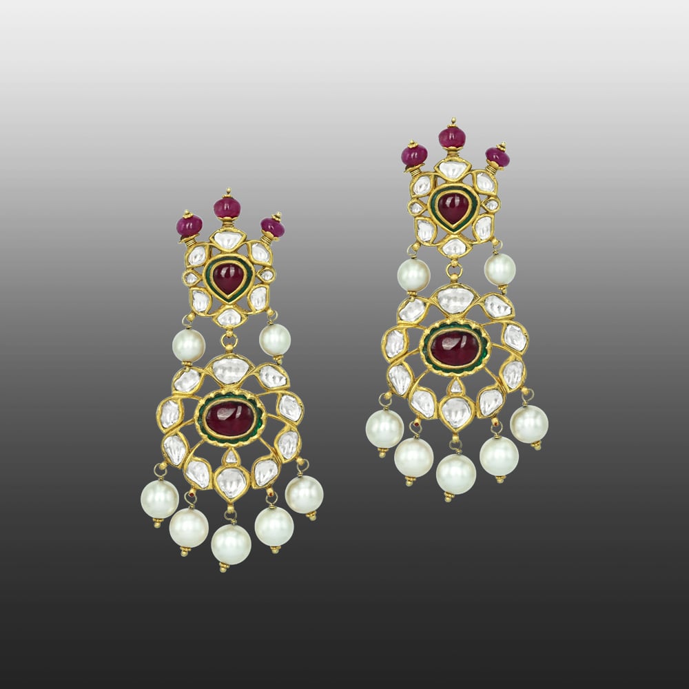 Polki Choker Set with Ruby Cabochons, Pearl Drops, and Pendant